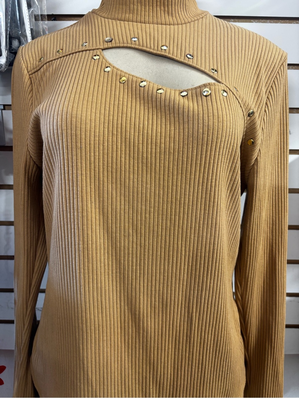 INC International Concepts Camel Ribbed Stud-Trim Cutout Turtleneck